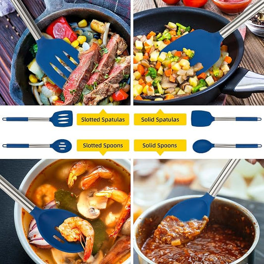 4 Pack Silicone Utensils Set,Non Stick Solid Spatulas, Slotted Spoons with Stainless Steel Handle,Spatulas for Cooking,Frying, Mixing, Serving -Blue