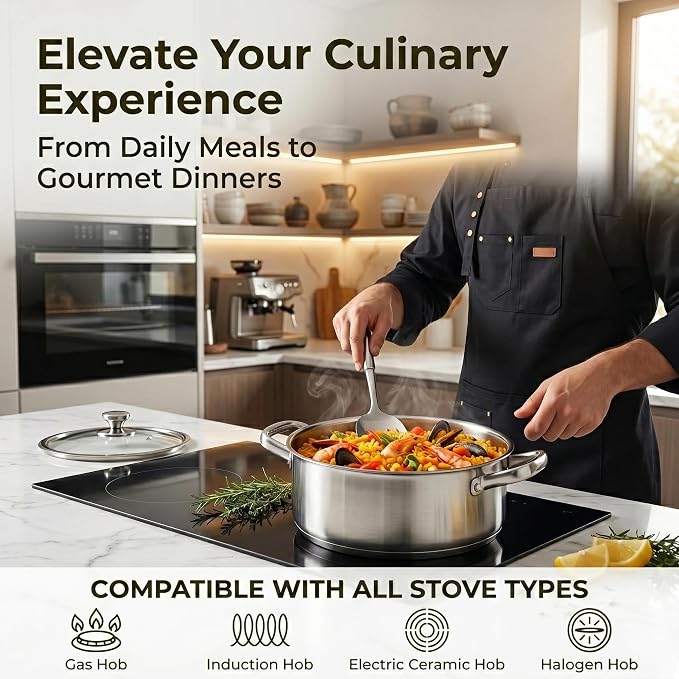 Stainless Steel Cookware Set, 16-Piece Pots and Pans Set Non Toxic, Kitchen Induction Cookware with Glass Lids, Steamer, Utensil Sets, Pot Protectors & Apron, Oven & Dishwasher Safe, Silver