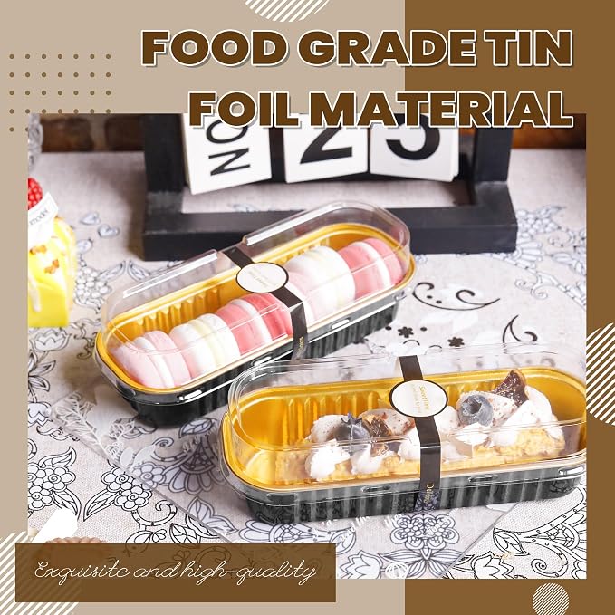 100 Pack Mini Loaf Pans with Lids Rectangle Individual Cake Pans Aluminum Foil Pans for Large Gatherings Picnics Vacations Parties, Graduation Gifts Party Favors(Black Gold, 6.8 OZ)