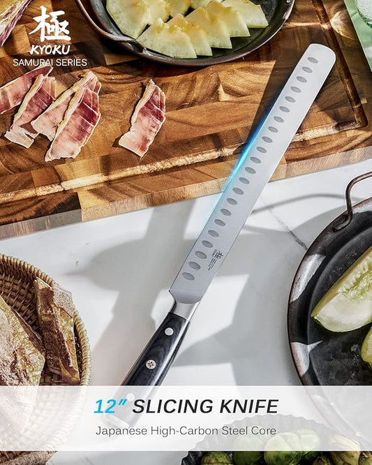 KYOKU 12" Slicing Knife, Samurai Series Brisket Knife for Meat Cutting with Pakkawood Handle, Japanese High Carbon Steel Meat Carving Knife for BBQ Brisket Turkey Ham Rib Roast Beef with Sheath & Case