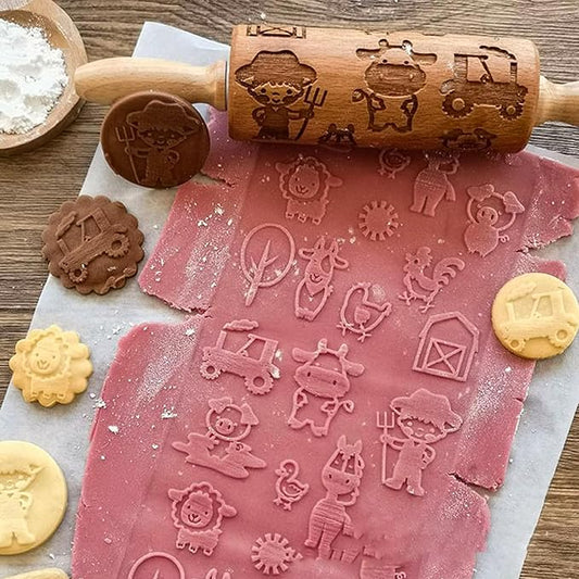Embossed Rolling Pin for Baking, Wooden Decorative Embossing Cookie Roller for Kitchen(Type A07)