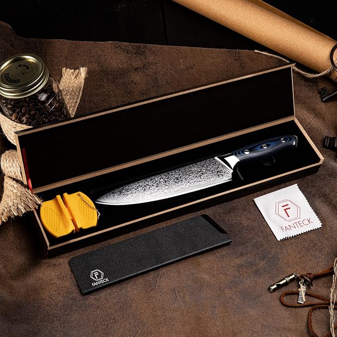 FANTECK Chef Knife 8 Inch Japanese Damascus Kitchen Knife, VG10 Super Steel 67 Layer High Carbon Professional Kitchen Chef Knives,Full Tang Ergonomic G10 Handle-with Sheath & Sharpener