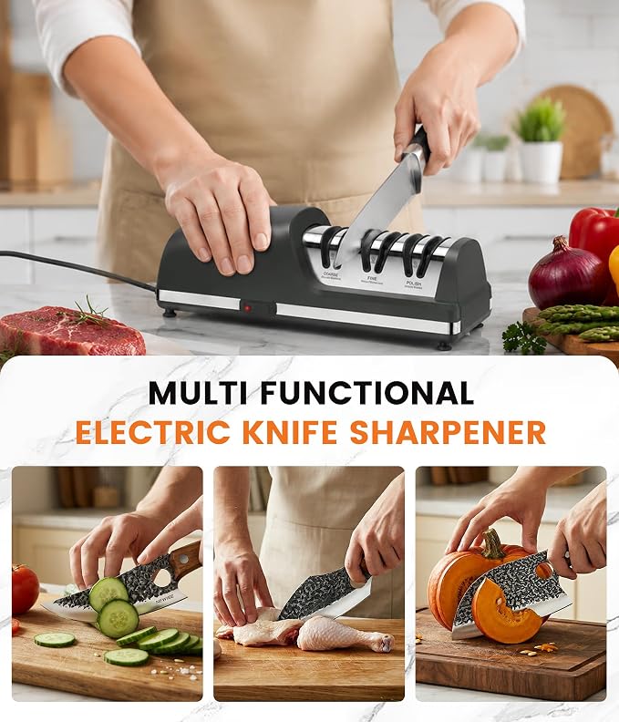 Newise Electric Knife Sharpener for Kitchen Knives - 3 - stage 15°&20° Dual Sharpening Heads, 100% Diamond Abrasive - Quick & Precise Sharpening, Ideal Gift