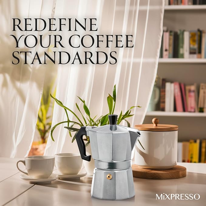 Mixpresso Moka Pot 3 Cup (5 oz Total) – Stovetop Espresso Maker for Gas & Electric Stove, Aluminum Cuban & Italian Coffee Maker, Small Size Espresso Brewer