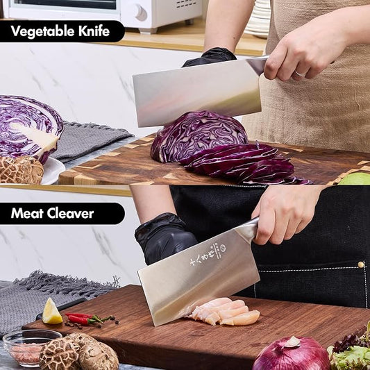SHI BA ZI ZUO 7 Inches Stainless Steel Meat and Vegetable Cleaver Knife with Ergonomic and Sturdy Wooden Handle