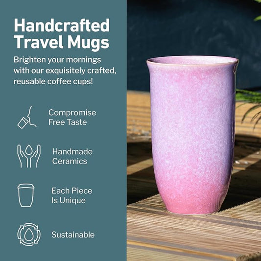 NOVA CERAMICS Coffee Travel Mug โ Cup Holder Friendly Travel Mugโ Microwave & Dishwasher Safe White & Purple Tumbler - Coffee Mug Fits In Cup Holder โ 16oz โ Astral Bloom