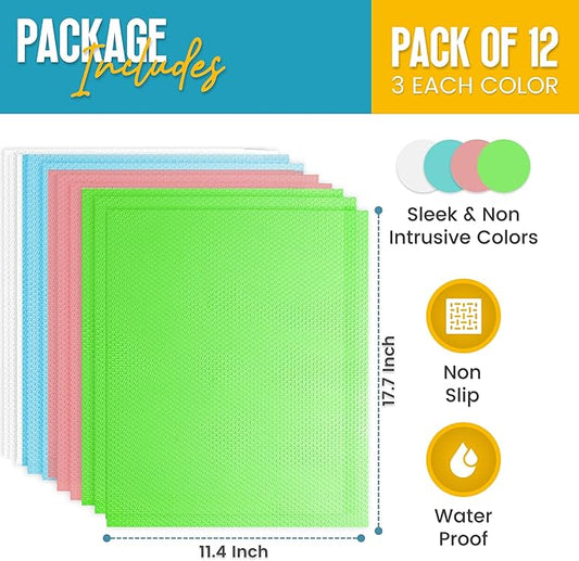 Refrigerator Liners for Shelves (12 Pack) by Linda’s Essentials - Non-Adhesive Shelf or Drawer Liner, BPA-Free Fridge Mats for Kitchen & Cabinets, Easy to Clean, Ideal Household Essentials(MultiColor)
