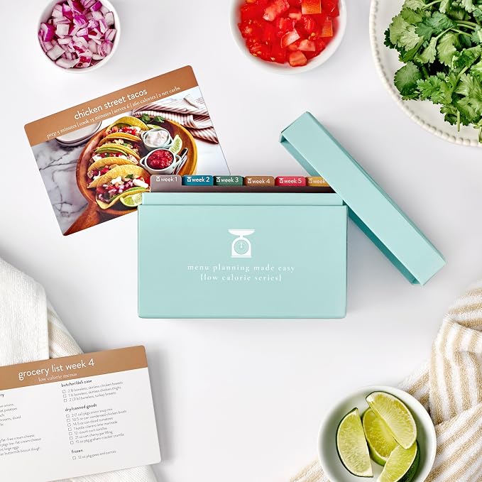 Meal Planner 72 Recipe Cards (Low Calorie Menu Pack - Photo Edition) - Weekly Menu Planner | Sturdy Recipe Box | 12 Reusable Grocery Lists | 5 Blank Recipe Cards | Recipe Card Protector | Recipe Ideas