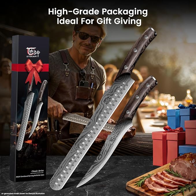 SYOKAMI Brisket Slicing Knife Set, Carving and Boning Knife for Meat & Turkey Cutting, Japanese Style High Carbon Steel Kitchen Knives Set For Home & BBQ, Wood Ergonomic Full Tang Handle, Ideal for Gift