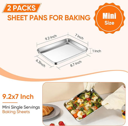 LIANYU Stainless Steel Tray for Baking, 9.2x7” Small Cookie Baking Sheet Pan, Metal Cooking Sheet Tray for Oven, Rust Free & Mirror Finish, Dishwasher Safe, 2 Pack