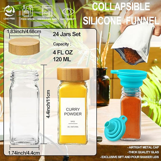 AISIPRIN Glass Spice Jars with 398 Labels, 24 pcs 4oz Spice Containers with Bamboo Lids, Square Spice Bottles With Shaker Lids,Spice Organization for Cabinet,Drawer,Rack,Seasoning Organizer