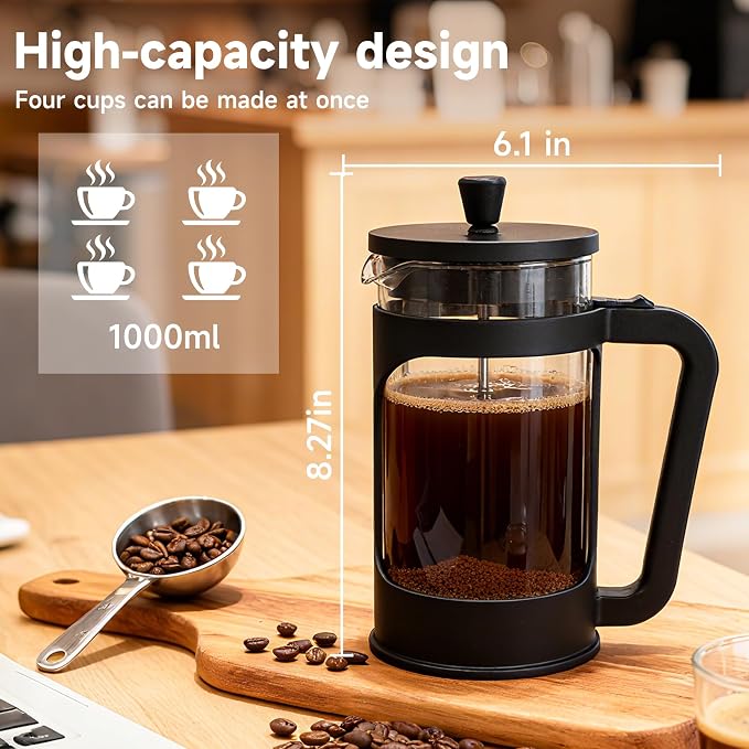 French press, borosilicate glass French press coffee maker, 3 layer stainless steel tea press,34oz large french press, suitable for home, office, kitchen, travel, fashion black