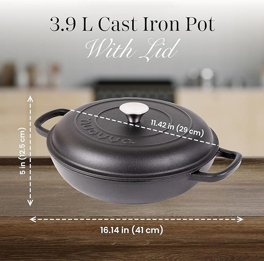 Shallow Cast Iron Casserole with Lid – Non Stick Dutch Oven Pot, Oven Safe up to 500° F – Sturdy Ovenproof Stockpot Cookware – Enamelled Cooking Pot – Black, 3.7-Quart, 30cm – by Nuovva