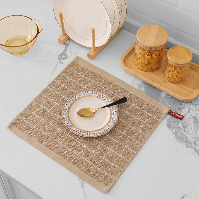 Mordimy 100% Cotton Terry Cloth Dish Cloths, Soft and Absorbent Checkered Dish Towels, Quick Drying Dish Rags for Washing Dishes, 6 Pack, 12 x 12 Inches, Tan