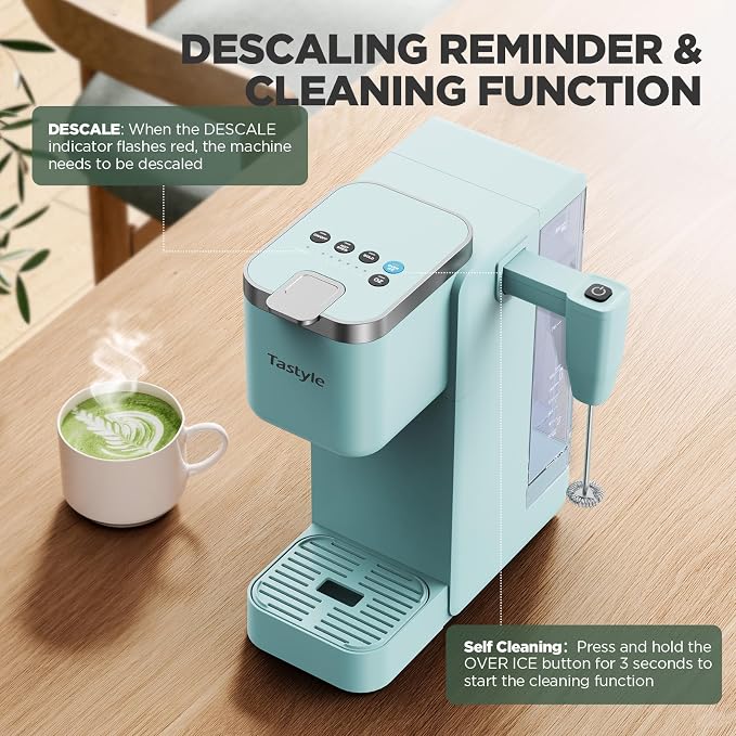 Tastyle 330MF Single Serve Coffee Maker with Built-in Detachable Milk Frother, Iced and Hot Coffee Machine for K Cup & Grounds, 40oz Removable Water Reservoir, 6 Cup Sizes, Fits 7.3" Travel Mug, Teal