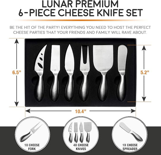 Lunar 6-Piece Cheese Knife Set - Premium Stainless Steel Cheese Knives Collection - Charcuterie Board Accessories Gift Ready w/ 15 Festive Recipes