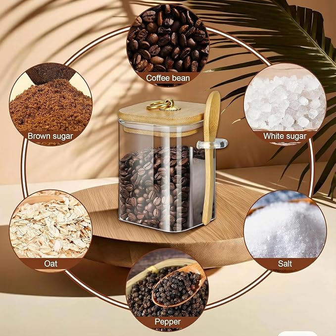 holoith Glass Jars with Bamboo Lids and Spoons, 16 oz Glass Storage Containers with Lids for Dry Food Storage Sugar, Coffee, Nuts, Cookie, Candy, Tea, Airtight Kitchen Canisters Spice Jars