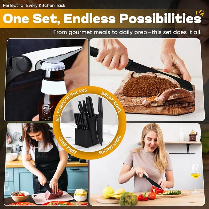 15-Piece Kitchen Knife Set with Finger Guard – Ultra-Sharp Professional Knives, Ergonomic Anti-Slip Handles, 6 Steak Knives, Dishwasher Safe, Modern Black Design – Precision & Safety in One Combo
