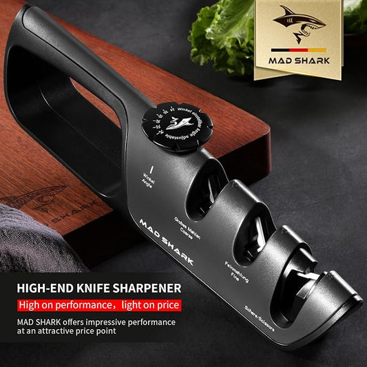 MAD SHARK Knife Sharpener, 6 Adjustable Sharpening Angle, Coarse & Fine Knife Sharpener Tool, Handheld Manual Knives Sharpener for Kitchen Knives, Pocket , Scissors, LARGE, Black