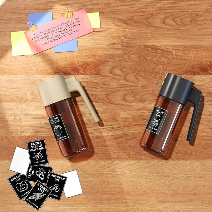 2-Pack Black and Beige Oil Sprayer Set, Two 500ml Dark-Tinted Glass Bottles for Olive Oil and Vinegar, Matching Countertop Spray and Pour Dispensers