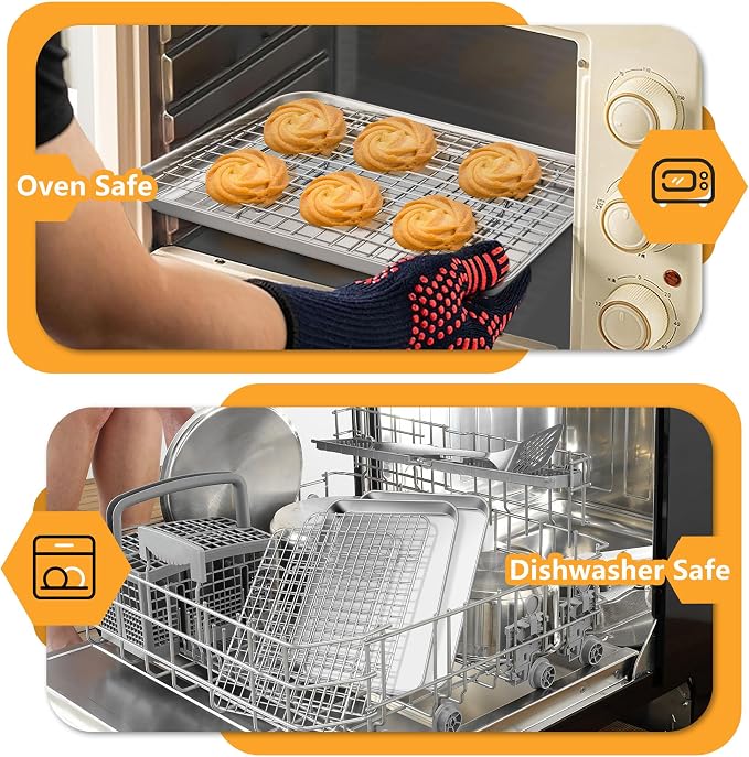 TeamFar Toaster Oven Pan with Rack Set, 9 x 7 x 1 Inch Stainless Steel Mini Baking Pan Tray with Grid Rack for Baking Roasting Cooling, Non-Toxic & Heavy-Duty, Dishwasher Safe, (2 Pans + 2 Racks)
