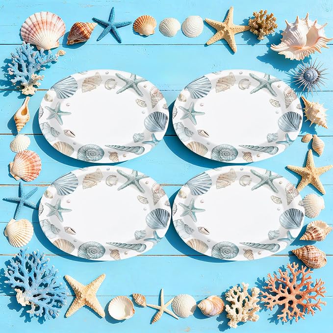 50Pcs Coastal Beach Oval Paper Plates 10" x 12" Large Disposable Heavy Duty Ocean Seashell Starfish Dessert Platters for Under the Sea Summer Hawaiian Picnic BBQ Holiday Birthday Party Decorations