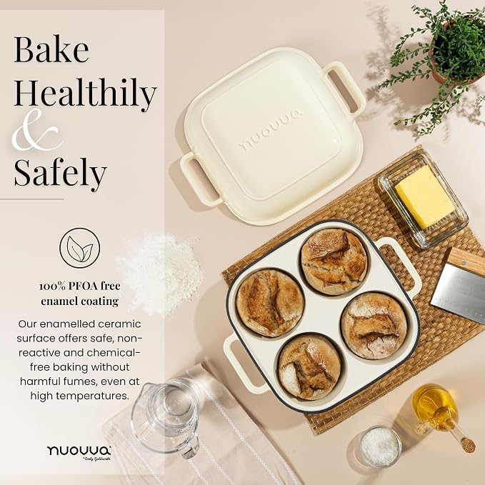 QuadPro Enamelled Cast Iron Bread Loaf Pot – Dutch Oven for Sourdough Bread Baking – 500°F Oven Safe Non Stick Bread Pot – 4 Round Loaf Spaces (4.90-inch Diameter), Cream – by Nuovva