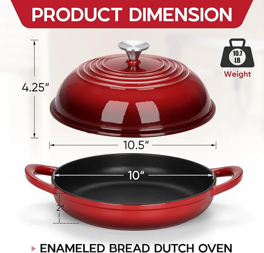 E-far Dutch Oven for Sourdough Bread Baking, 6 Qt Round Enameled Cast Iron Dutch Oven for Homemade Artisan Bread, Dome Lid & Shallow Base, Matte Black Interior & Durable, Oven-Safe to 500℉, Red