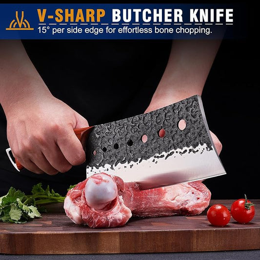 KITNATS 2PCS Hand Forged Butcher Knife Set, Meat Cleaver & Serbian Chef Knife for Meat Cutting, Boning, Kitchen Prep, Outdoor Cooking, BBQ, Gift for Men