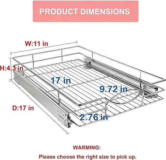 Sikarou Pull Out Cabinet Organizer, Heavy Duty Kitchen Cabinet Pull Out Shelves, Slide Out Wire Basket for Kitchen Cabinets, Bathroom, Pantry, Chrome Finish (11 * 17 in)