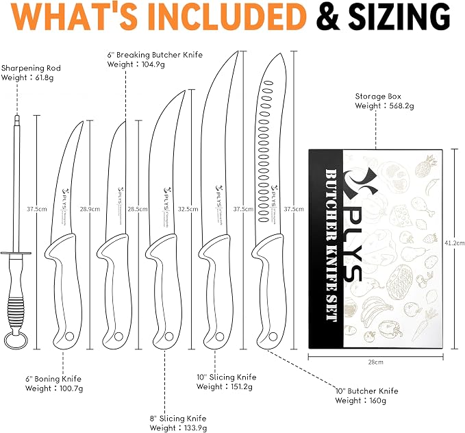 Plys Butcher Knife Set 7-PCS: 6 inch Boning Knife for Meat Cutting and Game Processing - 4Cr13Mov Stainless Steel BBQ and Outdoor Activities Skinning Knives
