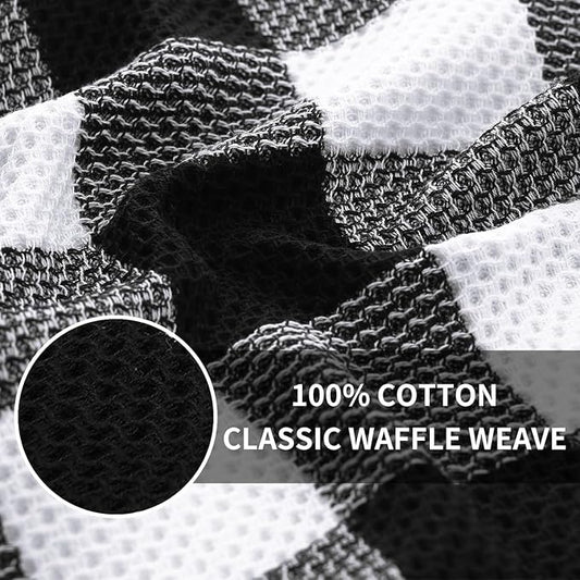 Homaxy Kitchen Towels and Dishcloths Set, 12 x 12 and 13 x 28 Inches, Set of 16 100% Cotton Waffle Weave Check Plaid Kitchen Dish Towels, Super Soft and Absorbent Dish Cloths, White & Black