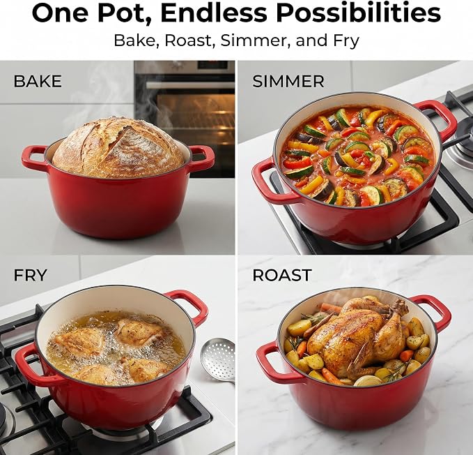 5QT Enamel Cast Iron Dutch Oven with Lid,Dual Handles,Versatile Heavy-Duty Non-toxic Cookware for Sourdough Bread Baking,Braising,Stews,Roasting,Oven Safe up to 500°F red