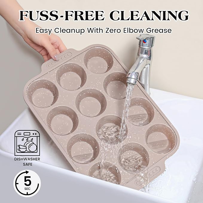 2 Pcs Silicone Muffin Pans for Baking with Metal Reinforced Frame, Nonstick Cupcake Tray for Oven, 12 Cups Regular and 24 Cups Mini Size Silicone Molds for Egg Bites (Brown, Cream)