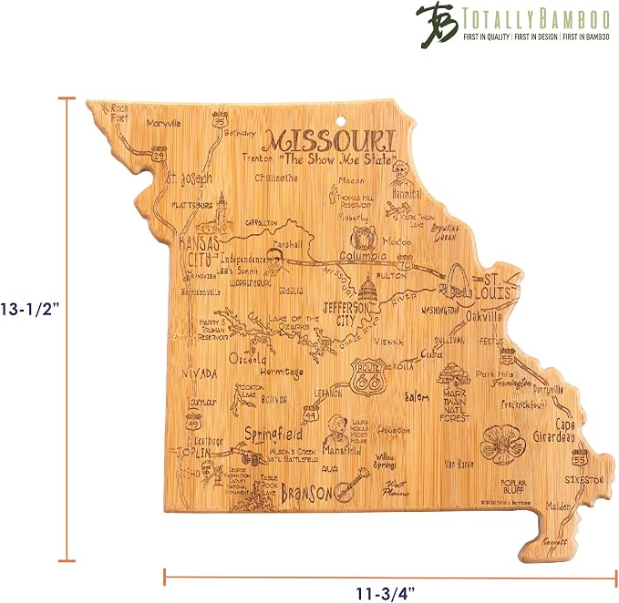 Totally Bamboo Destination Missouri State Shaped Serving and Cutting Board, Includes Hang Tie for Wall Display