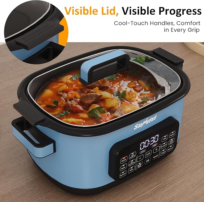Sunvivi 12-in-1 Multi Cooker, 6.5QT Programmable Slow Cooker with Timer & Temp Control, Auto Warm Setting, Delay Start, Dishwasher Safe Lid & Removable Nonstick Crock, Stainless Steel Rack, Blue