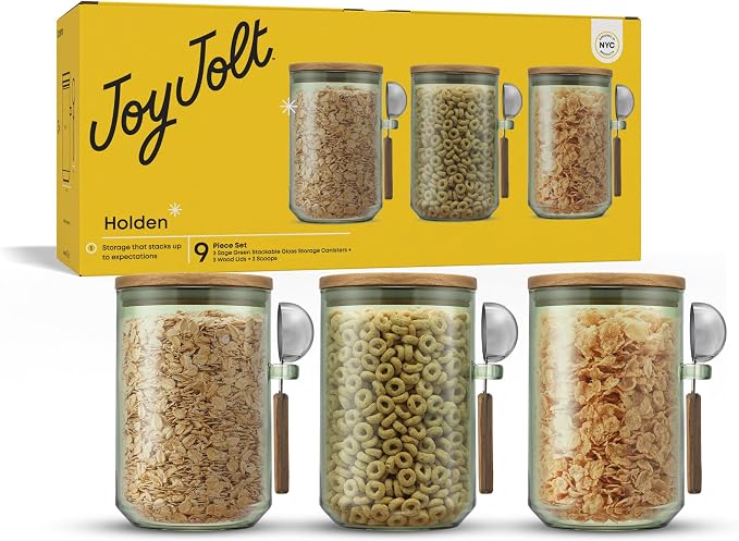 JoyJolt Holden 32oz Stackable Glass Storage Containers with Lids and Scoops, Airtight Food Canister Set of 3 w/Acacia Wood Lids, Round Stacking Pantry and Kitchen Containers w/Scoop | Sage Green