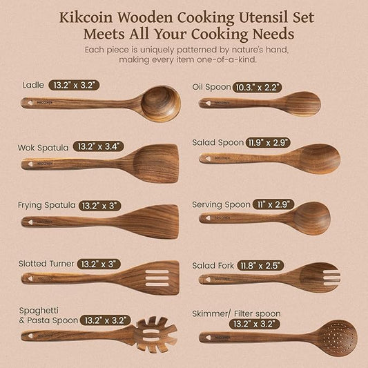 Kikcoin 10 PCS Durable Natural Teak Wooden Cooking Utensil Set, Non Toxic Wooden Spoons for Cooking, Wooden Utensil Set for Cooking with Comfort Grip, Nonstick & Easy to Clean Wood Kitchen Utensil Set