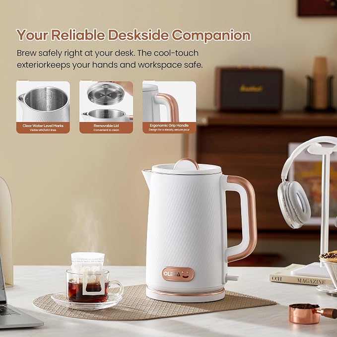 OLEGA Electric Kettle: 1200W Fast Boil Electric Water Kettles, 1.5L Double Wall Stainless Steel Tea Kettle, Auto Shut-Off, BPA-Free Hot Water Boiler Teapot for Coffee & Tea (White)