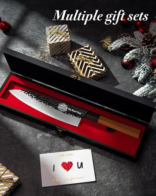 FAMCÜTE 8‘’ Engraved Custom Japanese Knife, Hand-Forged Chef Knife with 5-Layer 9CR18MOV Steel and Non-Slip Rosewood Handle Kitchen Knife, Christmas Gift for People Who Love to Cook in Sandalwood Box
