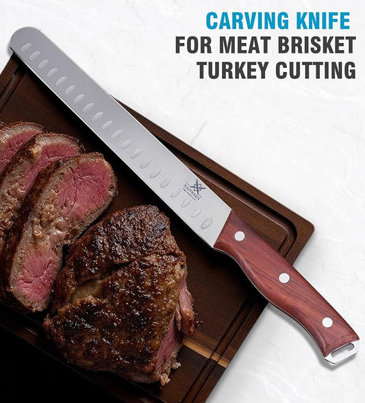 Naitesen 3PCS Professional Brisket Carving Knife Set, Butcher Knife, Very Sharp Meat Knives for BBQ Slicing Cutting Full Tang Rosewood Handle High Carbon Steel, Gifts for Men Women