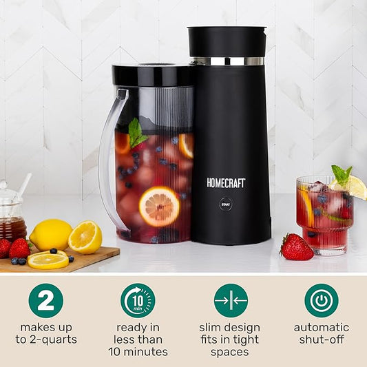 Homecraft Iced Tea Maker & Cold Brew Coffee Machine – 2 Quart Double Insulated Pitcher, Steeping Basket, – Makes Fuit Infused Teas & Iced Lattes – Black