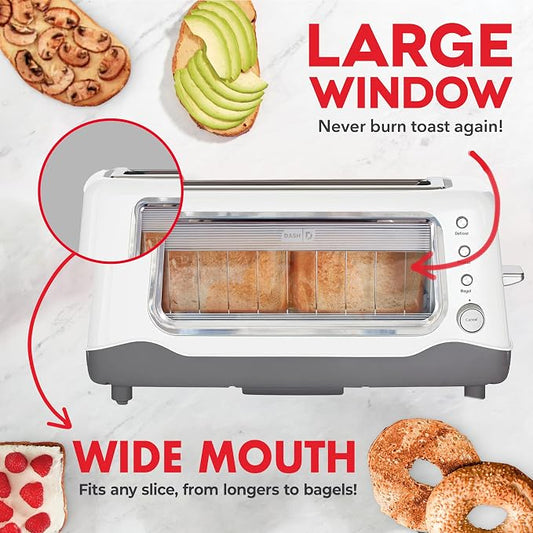 Dash Clear View Toaster, 10.5" Long Slot 2 Slice Toaster with See-Through Glass Window, 7 Browning Levels, Bagel, Defrost & Reheat Functions, Removable Glass Panel, Crumb Tray - White
