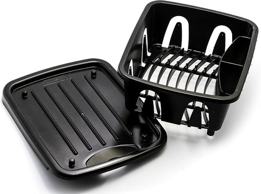 Camco RV Mini Dish Drainer & Tray - Features a Sloped Drain Tray Design, Heavy-Duty Construction - Ideal for Small Spaces, Apartments, Boats, and More -9.5"L x 11.7"W x 4.75"H - Black (43512)