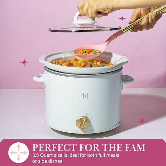 Paris Hilton 3.5-Quart Manual Slow Cooker, Naturally Nonstick Stoneware Ceramic Insert, Three Settings (Low, High, Warm), Dishwasher Safe Family Size Slow Cooker, White