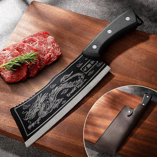 Dragon Engraved Chinese Cleaver with Sheath, High Carbon Stainless Steel Sharp Chef’s Tool for Kitchen, Meat Cleaver, Vegetable or Meat Cutting, Cool for Men, Ideal for Home Cooking or Camping