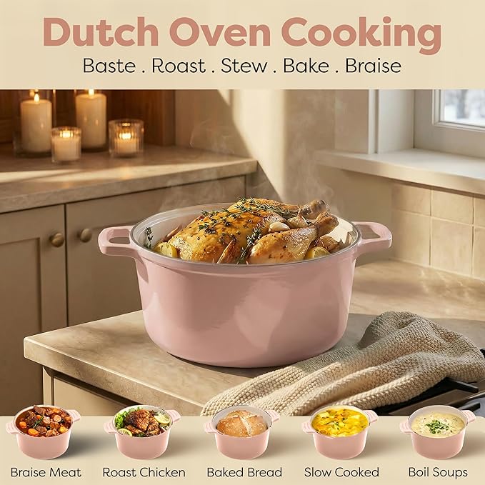Gotham Steel 5 Qt Dutch Oven Pot with Lid, Nonstick Ceramic Dutch Oven Stock Pot, 10 in 1 Cooking Pot & Dutch Oven for Bread Baking, Lightweight, Oven & Dishwasher Safe – Pink