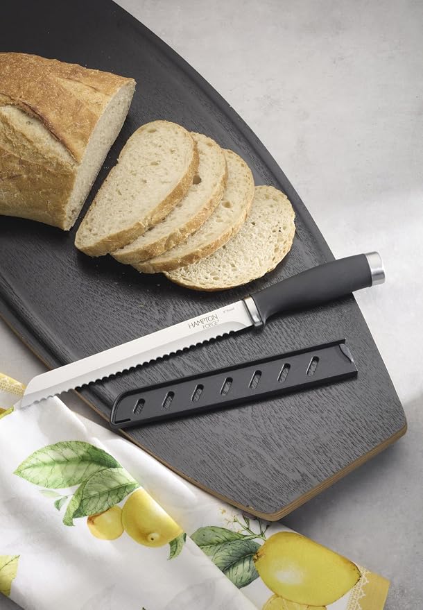 Hampton Forge Silverware Set, Epicure Bread Knives 2 Piece, Stainless Steel Material, Hand Wash, Kitchen Utensils, Cutlery Set, Kitchen Knives, Blade Guards, Slip Resistant (Black/Silver, 2 Pieces)
