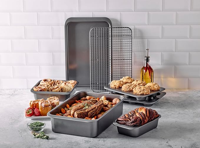 Chicago Metallic 7-Piece Nonstick Bakeware Nesting Set - Carbon Steel Baking Sheet, Loaf Pan, Muffin Pan, Cake Pan, Roaster and Cooling Rack