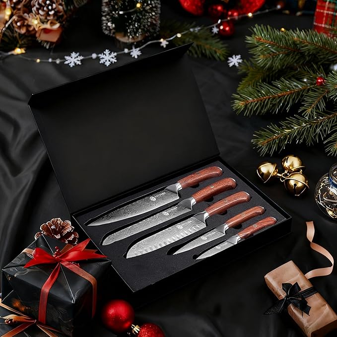 YOTSUBA 5 PCS Japanese Kitchen Knife Set with Ergonomic Natural Rosewood Handle, Razor Sharp High Carbon Stainless Steel Chef Knives, Premium Gift Box for Home Chefs